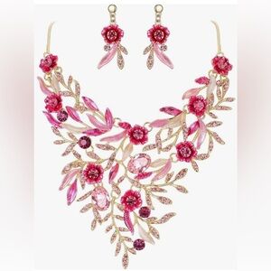 Elegant BriLove Pink Floral/Gold Wedding Bride Jewelry Set